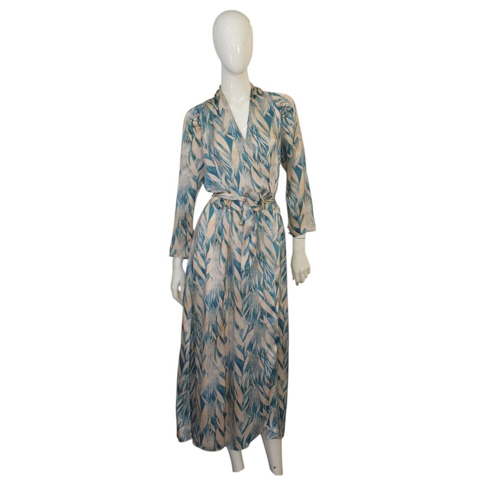 Forte_Forte Beige & Turquoise 100% Silk Wrap Midi Calf Length Cocktail Dress